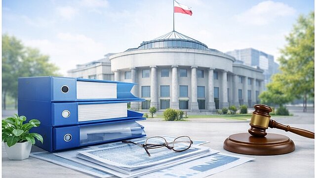 Segregatory z dokumentami, młotek sędziowski i okulary na biurku, w tle budynek administracji publicznej z flagą państwową.