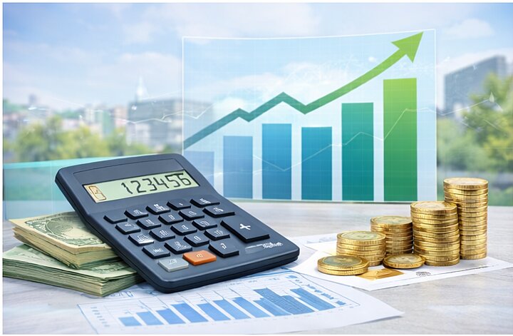 Kalkulator, stosy monet i banknotów oraz dokumenty finansowe na biurku, w tle nowoczesny wykres wzrostu i rozmyta panorama miasta.