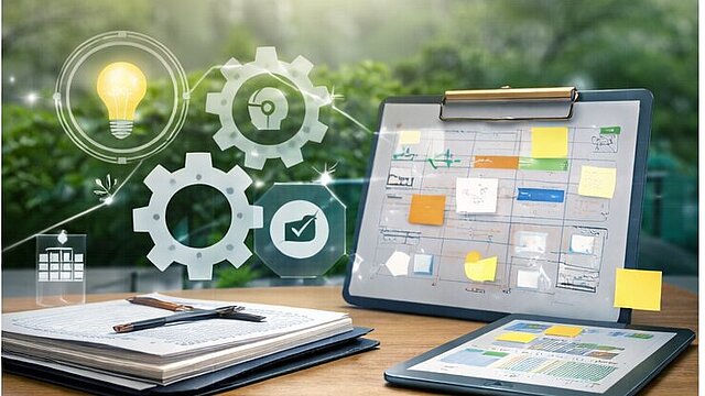 Biurko z dokumentami, tabletem i notesem planistycznym, w tle półprzezroczyste symbole procesów i zarządzania, naturalne światło dzienne.