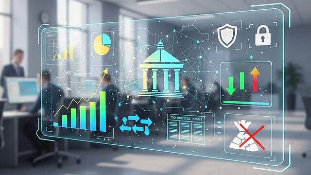 Nowoczesne, jasne wnętrze instytucji publicznej z nałożonymi cyfrowymi hologramami przedstawiającymi wykresy budżetowe, ikony bezpieczeństwa finansowego oraz symbole optymalizacji procesów. W tle widoczne są rozmyte sylwetki pracowników przy stanowiskach obsługi, co podkreśla profesjonalizm i cyfryzację sektora publicznego.