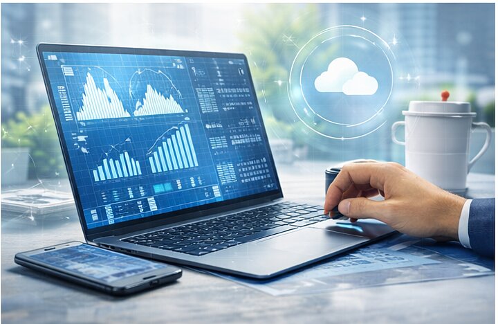 Laptop z widocznymi wykresami finansowymi, smartfon i dłoń pracującej osoby przy biurku, w tle symbol chmury i nowoczesne biurowce.
